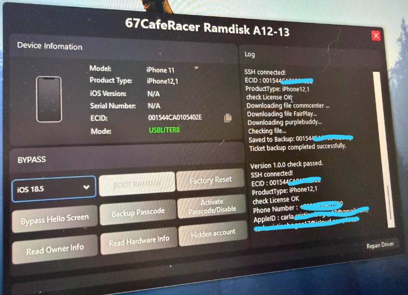 67CafeRacer Ramdisk for A12-A13 CPU Hello Screen Bypass All iOS No Signal