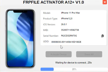 FRPFILE ACTIVATOR A12 + Bypass Hello Screen iPhone XR to 17 Pro Max - IPad A12+ (Sem Sinal)