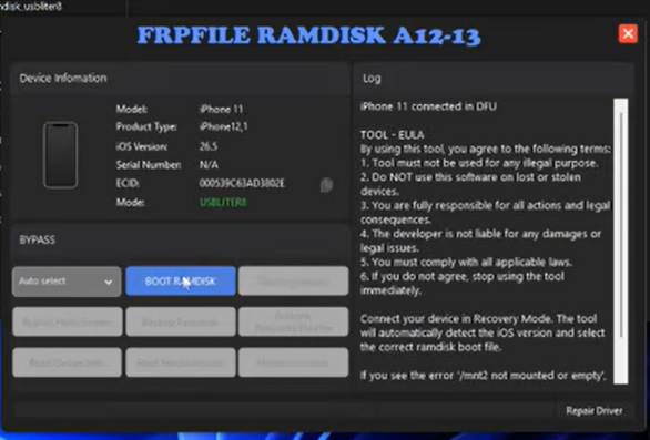FRPFILE Ramdisk for A13 Bypass Passcode, Read Owner, Hardware Info, Hidden Account 